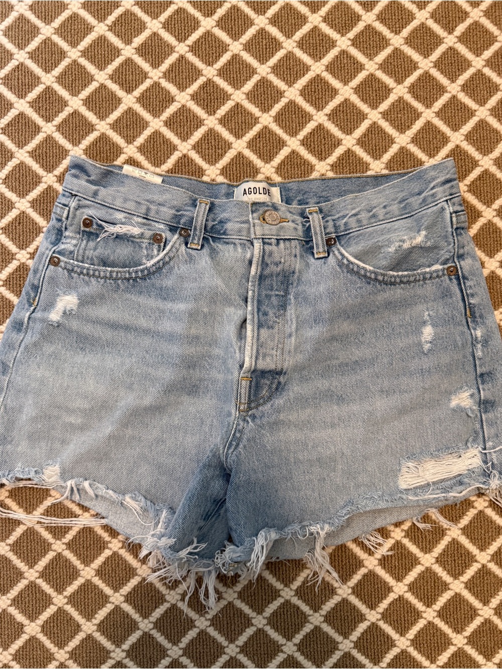 Agolde Light Blue Distressed High-Rise Denim Shorts